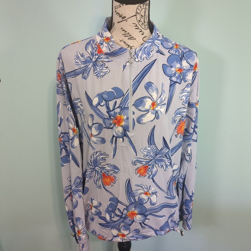 TAIL Women's Quarter Zip blue Floral Print Golf Jacket xl extra large preppy cla